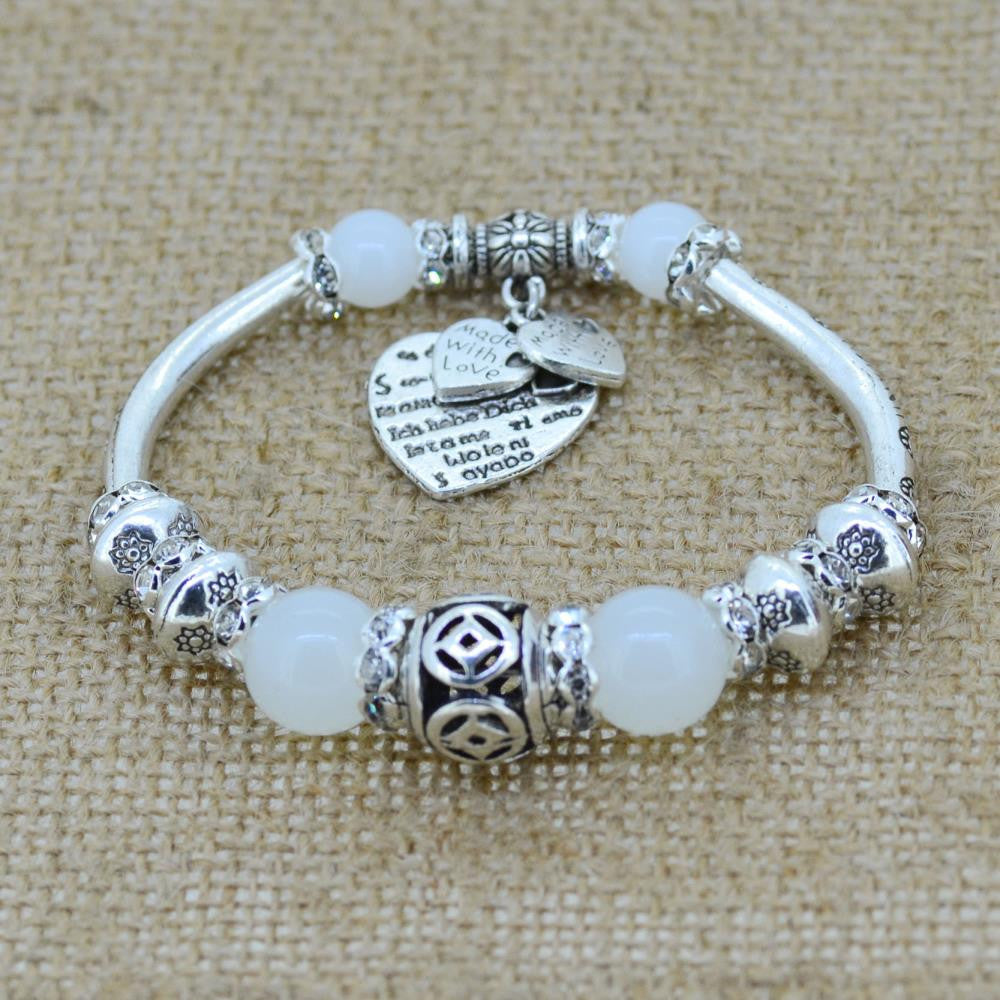 Fashion serling silver jewelry love heart charm bangles & bracelets glass beads strand bracelets for women fine jewelry