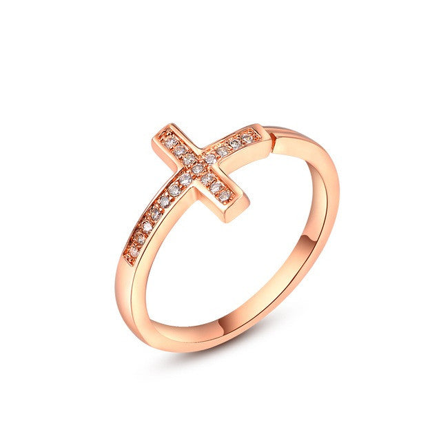 Rose Gold Plated Fashion Opening Cross Ring with Zircon Crystal Female Jewelry