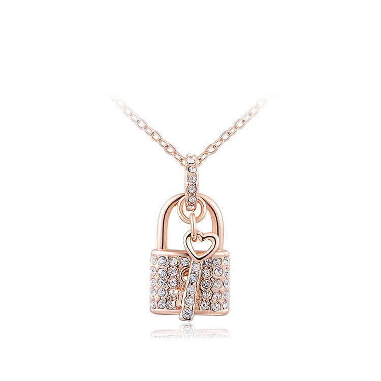 Fashion Austrian Crystal Lock and Key Pendant Necklace Rose Gold Plated Gift Jewelry