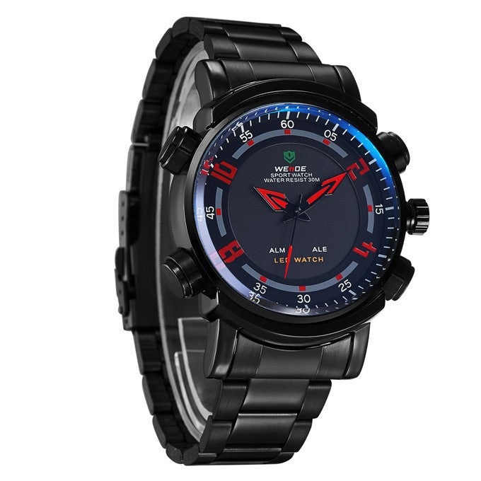 WEIDE Military Watch Multifunction Full Stainless Steel LED Digital Men Quartz Watches 30m Waterproof Sports Dress Wrist watch