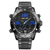 BRAND: WEIDE  ITEM: WH3405 STYLE: SPORT,CASUAL,BUSINESS,FASHION DISPLAY: Analog & Digital  Movement: Original Japan 2035 Quartz + LCD Digit   Features: - WEIDE(WH3405) sports watch with 6 versions; - Original Japan 2035 Quartz Movement and LCD digital movement; - Hour,minute,second,date,month,week,alarm,stop watch,12/24 hours and back light functions - High abrasion resistant glass; - Watch crown with environmental IPS bronze electroplating; - Environmental IP Black vacuum electroplating Case; - High qualit
