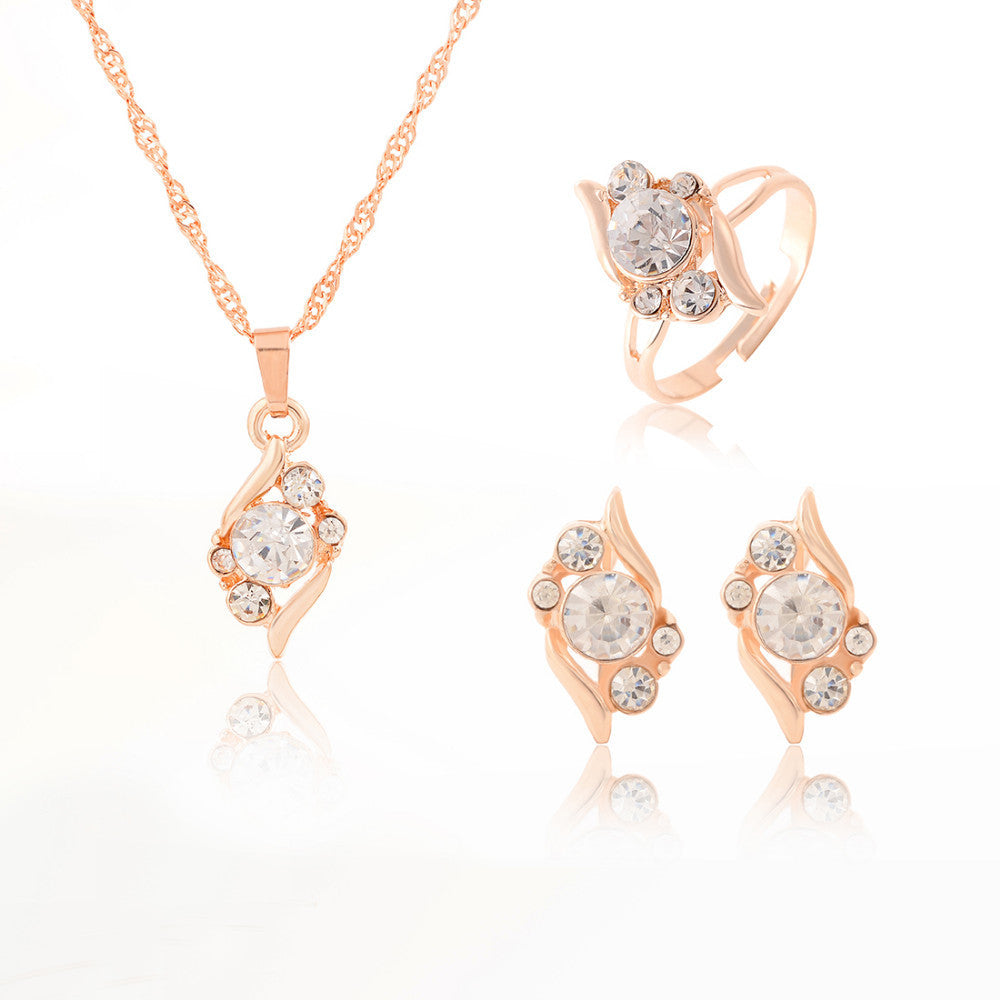 Woman's Birthday Gift Wedding Jewelry Set Fashion Gold Plated Crystal Necklace Ring Earring 3 pcs/set