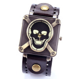 Retro Genuine Leather Vintage Skull Skeleton Bracelet Wrist Watch Punk Men Boy