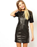 Fashion Women Autumn Winter Dress Short Sleeve Knitted Leather Patchwork Black Dresses Back Zip Straight Mini Casual Dress