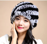 Knitting rabbit fur hat winter cap hats for women new fashion Genuine rabbit fur hat Stripe Fur Caps