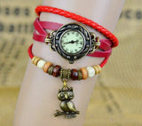 New Relojes Mujer Fashion Women Casual Leather Weave Wrap Wrist OWL Watch Charm Bracelet Watches