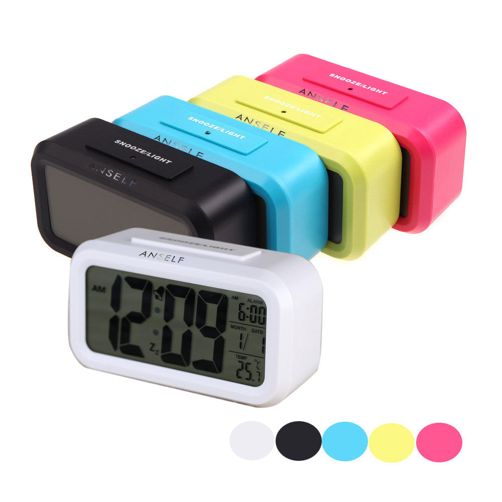 Digital Backlight Time Date Temperature Display Red Green Blue Black LED Alarm Clock Repeating Snooze Light-activated Sensor