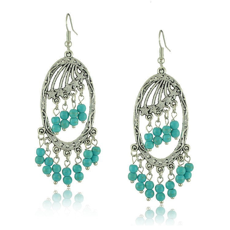 Ethnic Style Tibetan Silver Turquoise Earrings Hollow Out Long Tear Drop Earrings Brincos Wholesale Jewelry