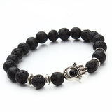 Nature 8mm Black Lava Energy Stone Beads Bracelet Gold Hamsa Hand Charm Bracelet Yoga Mala Bracelets 