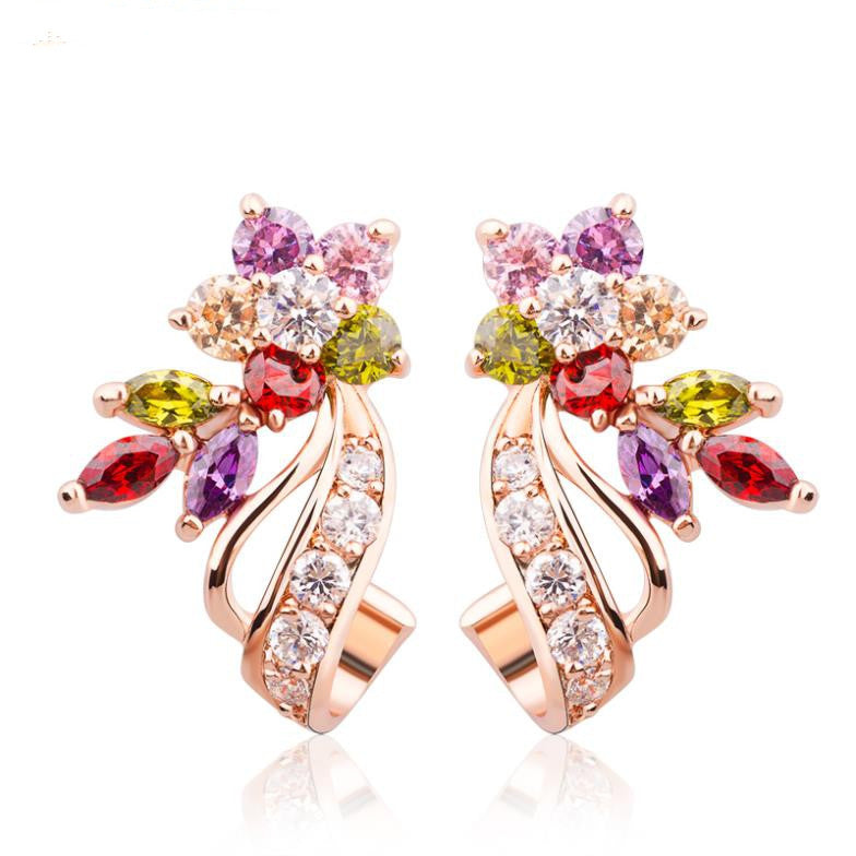 18K Real Gold Plated Gold Flower Stud Earrings with Multicolor AAA Zircon Stone Birthday Gift Jewelry
