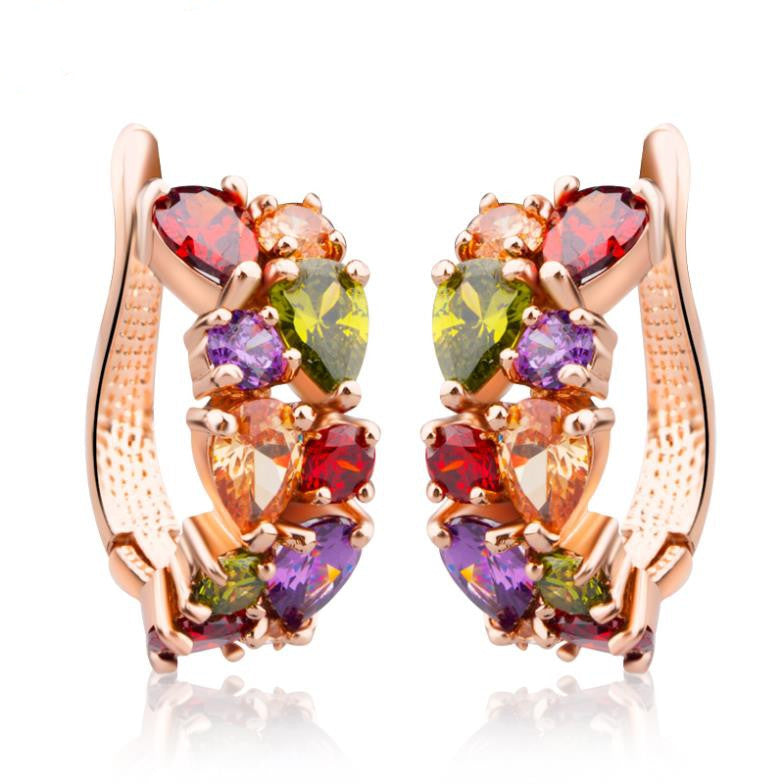 18K Real Gold Plated Gold Unique Stud Earrings with Multicolor AAA Zircon Stone Nickel, Cadmium free Jewelry