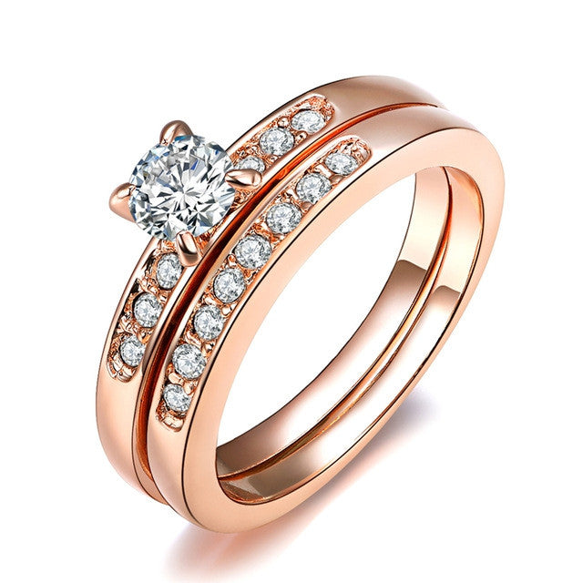 Fashion 18K Rose Gold Plated with Pave Band 0.5ct Brilliant Cubic Zirconia Wedding Ring Set