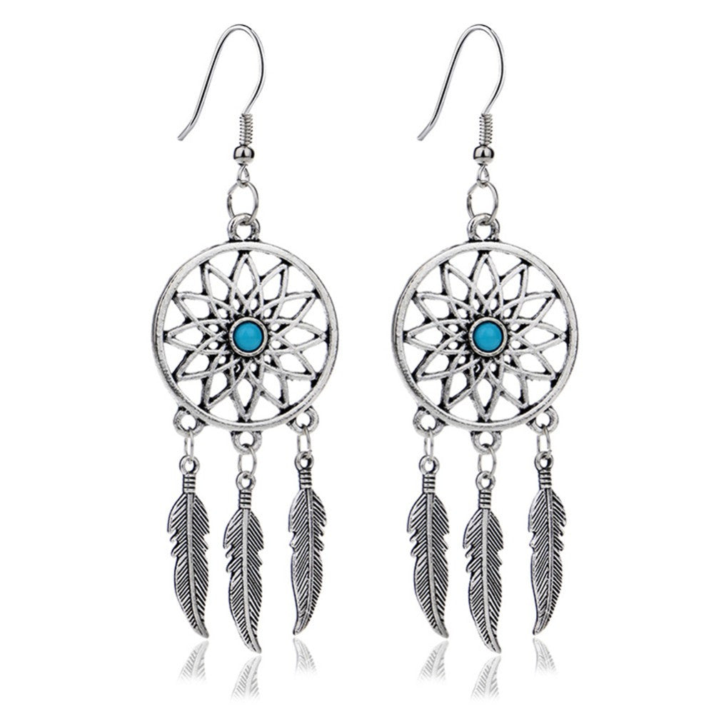Hot Selling Dream Catcher Ear Drop Turquoise Feathers Dangle Earrings Women Charming Jewelry Gifts