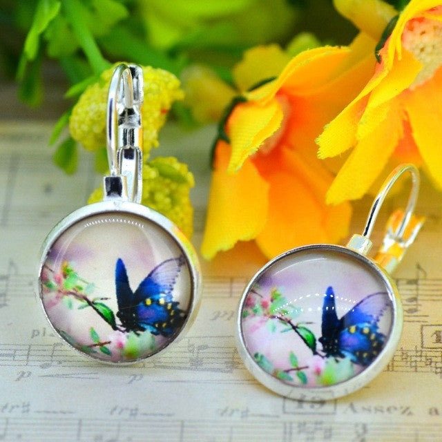 Spring Butterfly Earrings Silver Plated French Lever Back Glass Cabochon Copper Earrings For Women Vintage Earings