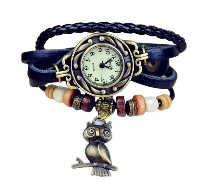 Vintage Watch Leather Strap bronze ladies quartz Watches Owl Pendant item hours wooden Bead Bracelet watch Casual watches