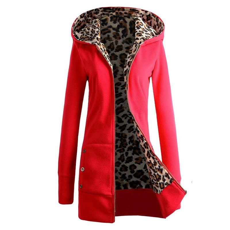 Winter Warm Fashion Women Lady Long Sleeve Hoodies Sweatshirt Slim Fit Leopard Coat Jacket Outerwear