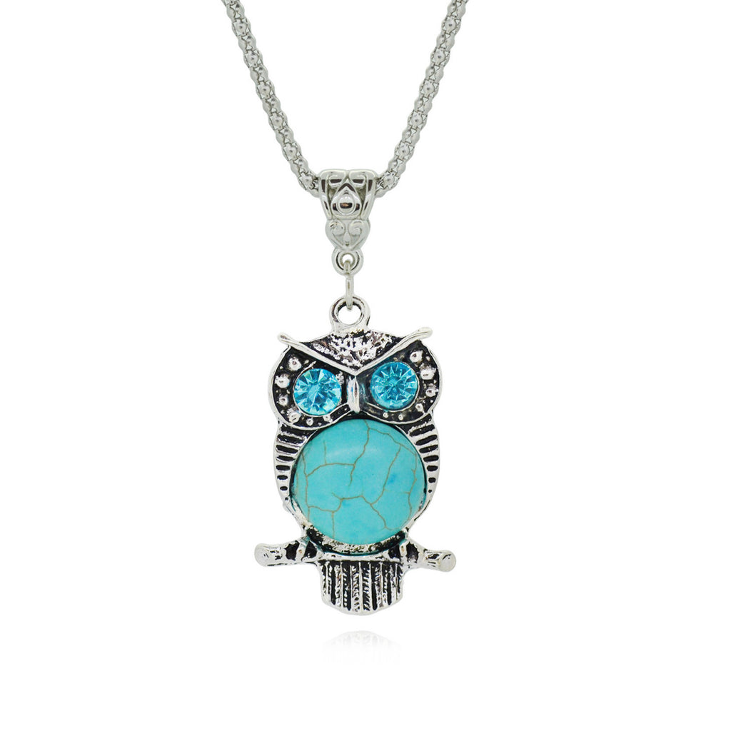 Vintage Silver Color Jewelry New Round Turquoise Statement Necklace Crystal Owl Collares Summer Style Fine Jewelry