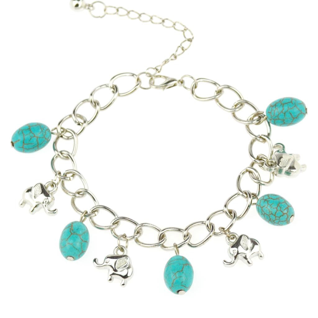 Fashion Elephant Bangles&Bracelets Vintage Beads Turquoise Chain Bracelets Silver Color for Women Jewelry