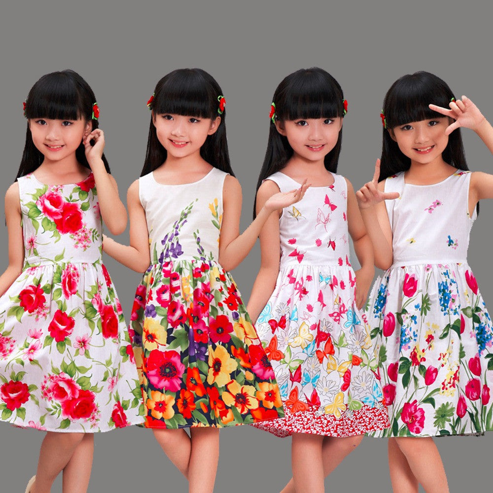 New Girls Dresses 100% Cotton Fashion Floral Colorful Party Birthday Casual Kids Clothing Size 4-12