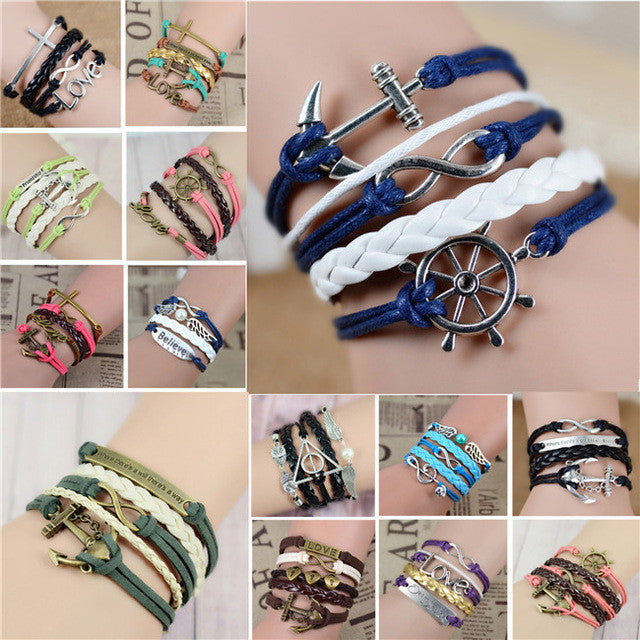 New Womens Fashion Vintage Anchors Rudder Rectangle Leather Bracelet Multilayer Charm Bracelets Best Valentine's Day Gift