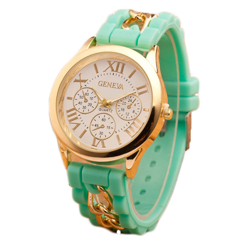 New style Geneva Silicone Band Gold Alloy Chain Women casual Watch men Quartz Wristwatch ladies women Jelly watch