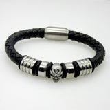 Men Jewelry Pirate Style Silver Genuine Leather Skull Bracelets Magnet Wholesale Cuff Braided Wrap Black