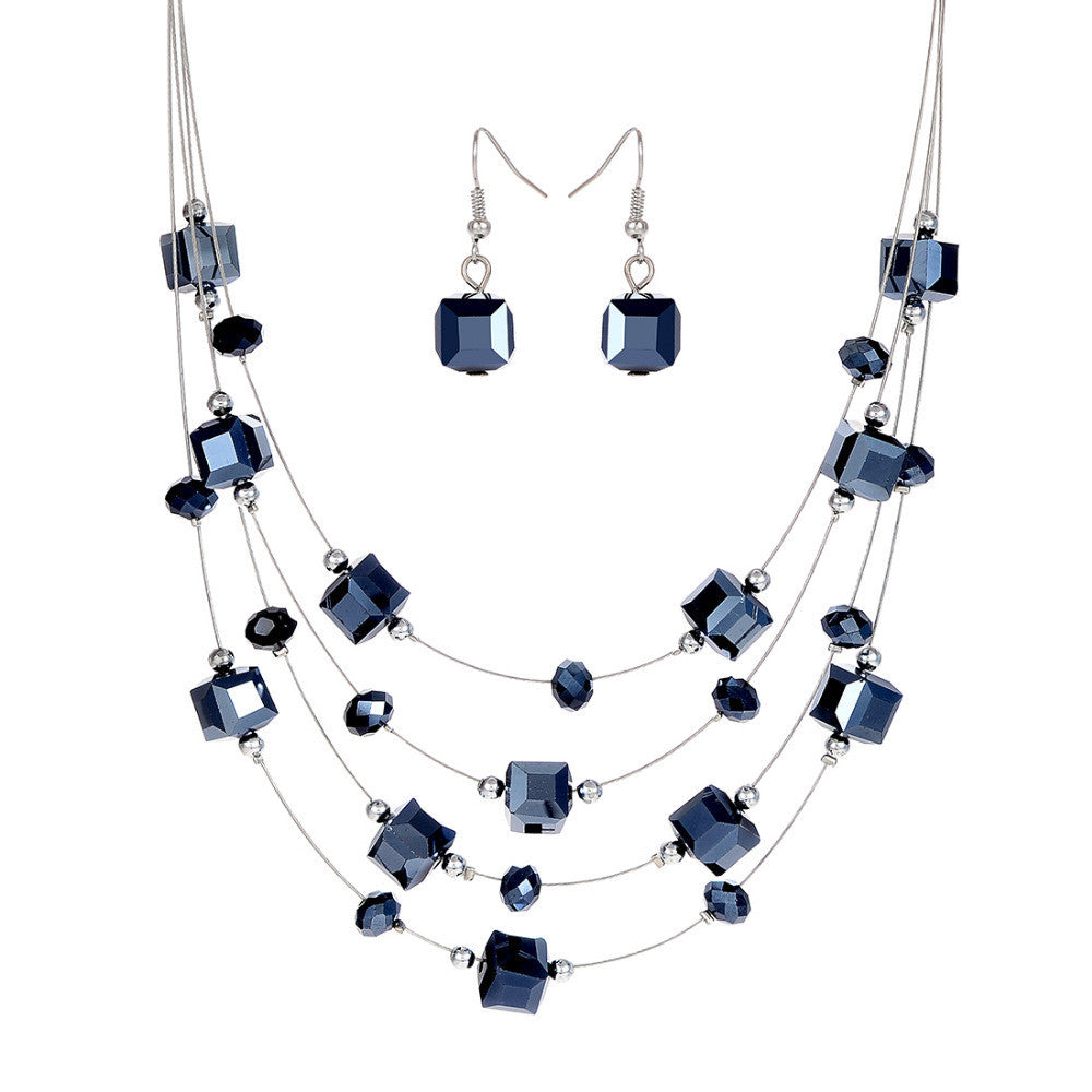 Silver Color Silver Plated Necklace Earrings For Women Jewelry Set Women's Wedding Jewelry Sets Royal Blue Crystal