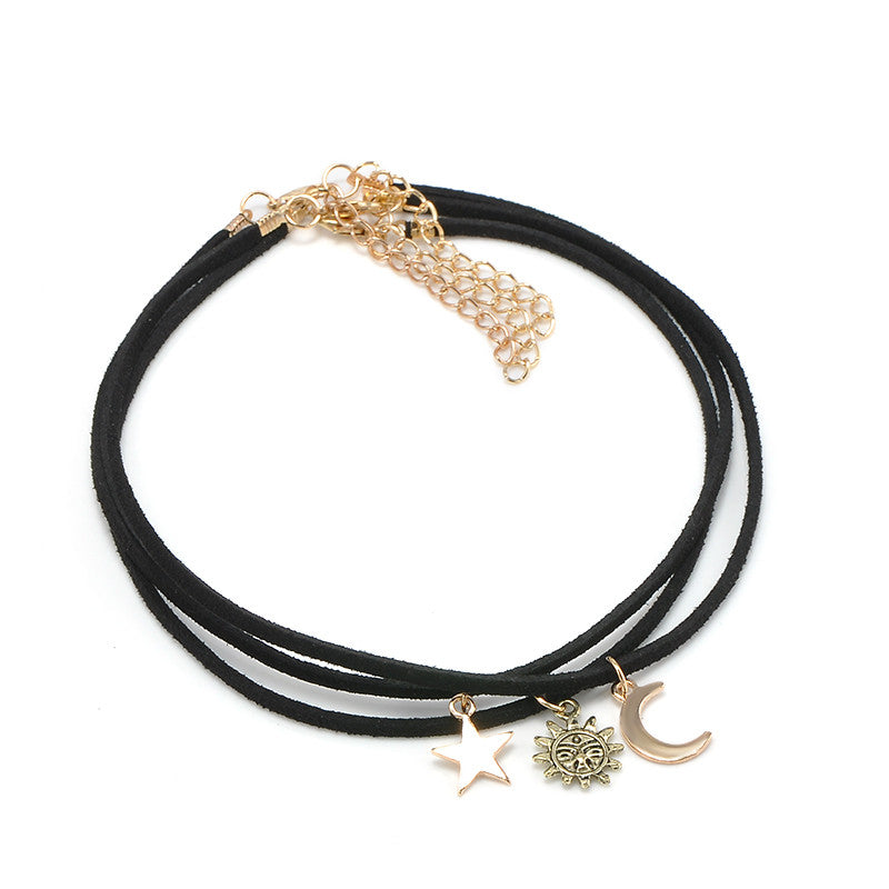 Punk Black Velvet Stripe Star Moon Sun Pendant Choker Necklace Torques Women Collar Jewelry  3 pcs set