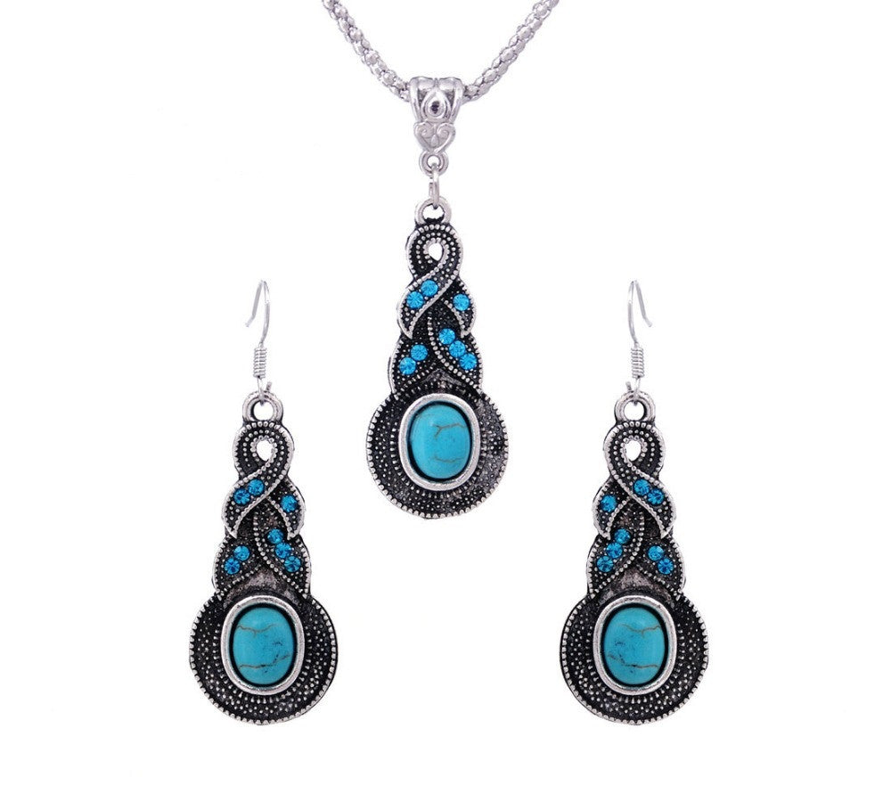 Women Jewelry Tibetan Silver CZ Crystal Chain Pendant Necklace Earrings Set Round Turquoise Jewelry sets