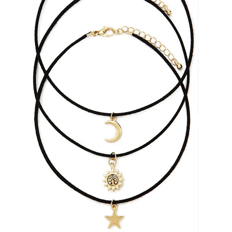 Fashion 3 Pcs Sets Star Moon Sun Chokers Necklaces Alloy Pendants Maxi Necklaces For Unisex Hot-selling Necklace Sets