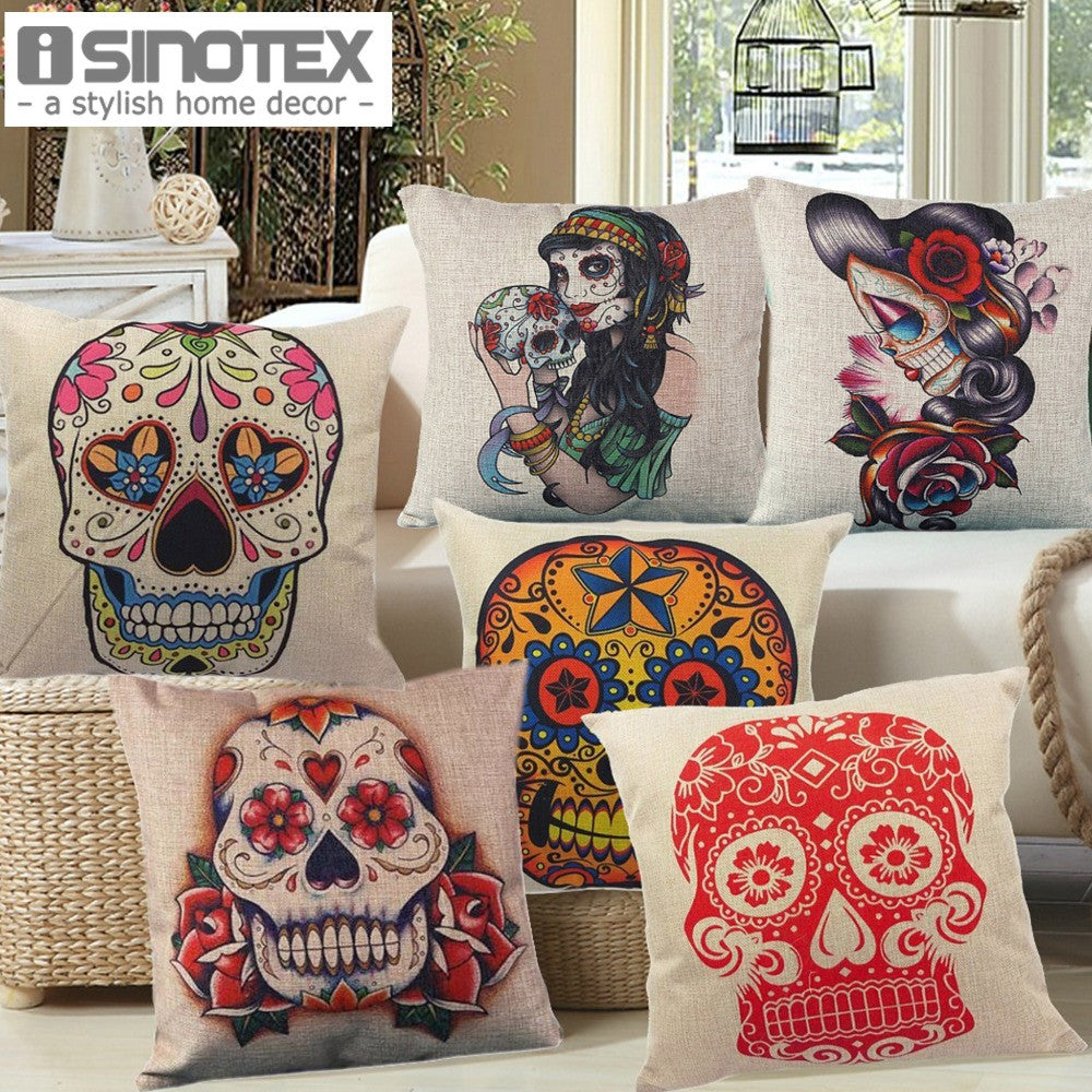 Linen Cushion for Decorative Sugar Skull Printed Decorative Cushion Home Decor