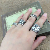 Vintage Punk Ring Set Unique Carved Antique Silver Elephant Totem Leaf Lucky Rings for Women Boho Beach Jewelry 4pcs/Set