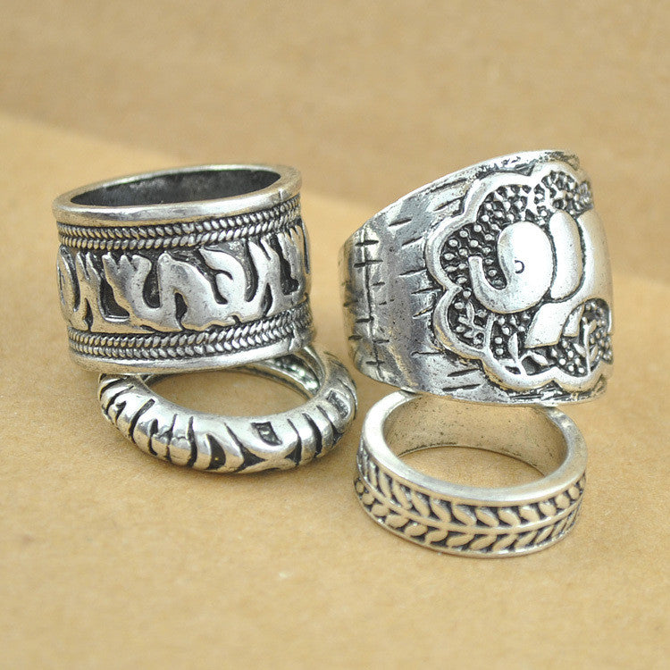 New Vintage Punk Ring Set Unique Carved Antique Silver Elephant Totem Leaf Lucky Rings for Women Boho Beach Jewelry-4pcs/set