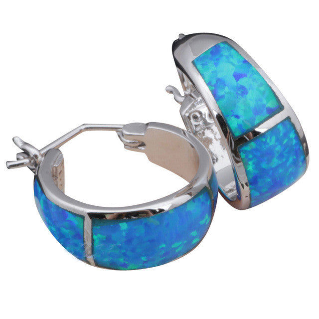 Blue Fire Opal Silver Stamped Hoop Earrings for women Fashion Jewelry Opal Jewelry