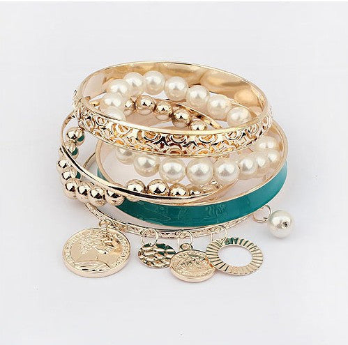 Fashion Jewelry Pearl Coins Element Avatar Statement Charm Multilayer Bangle and Bracelet For Women