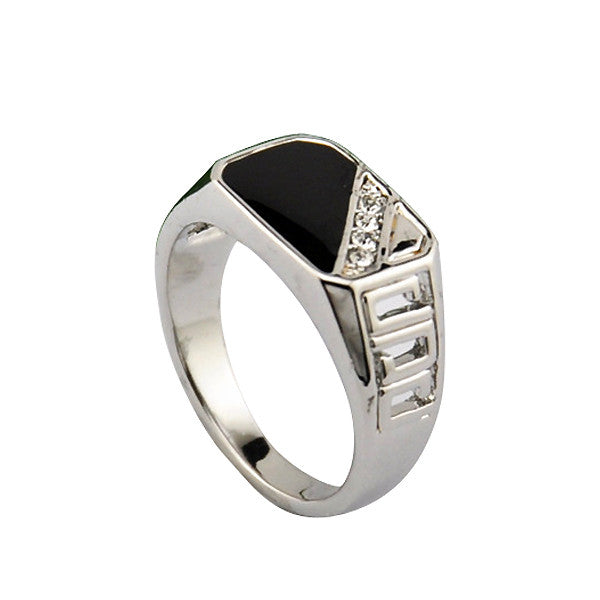 Good Quality Man Jewelry Fashion 18K White Gold Plated Black Enamel Men Finger Ring With CZ Diamond