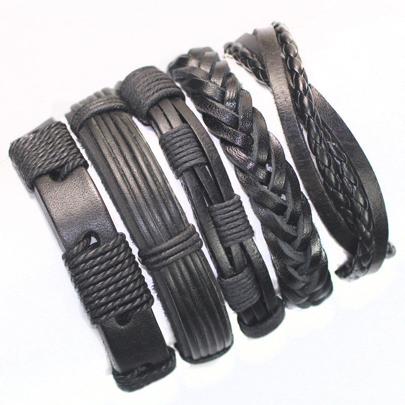 Black wristband genuine braided wrap leather bracelets men bangles for women 5pcs/Lot