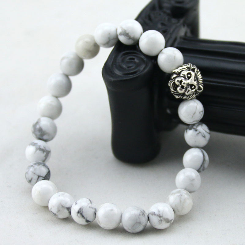 Natural White Turquoise Stone Beads Bracelet for Women Antique Silver and Gold Lion Head Bracelets High Grade Mens Jewelry