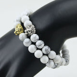 Natural White Turquoise Stone Beads Bracelet for Women,Antique Silver and Gold Lion Head Bracelets, High Grade Mens Jewelry