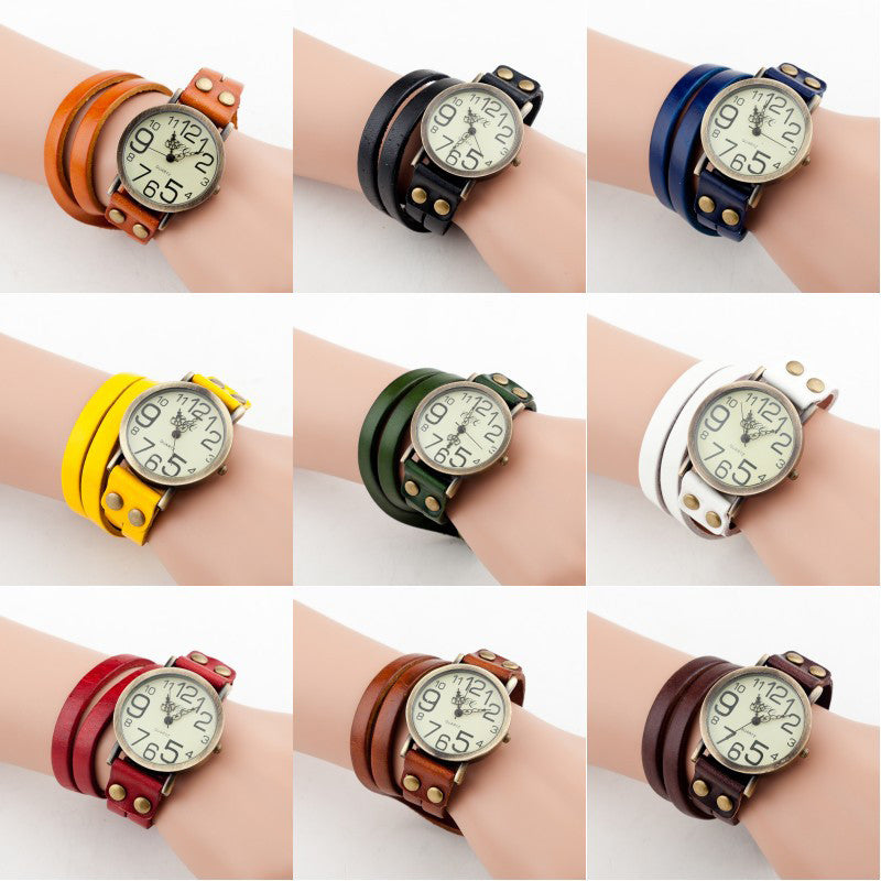 New Antique Watch Fashion Wrap Winding Vintage Watch Cow leather Bracelet Watches Ladies Women Wristwatches