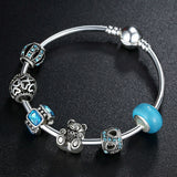 925 Silver Charm Bangle with Bear Animal & Open Your Heart Charm Bracelet Blue Glass Ball Friendship Bracelet 