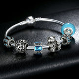 925 Silver Charm Bangle with Bear Animal & Open Your Heart Charm Bracelet Blue Glass Ball Friendship Bracelet 