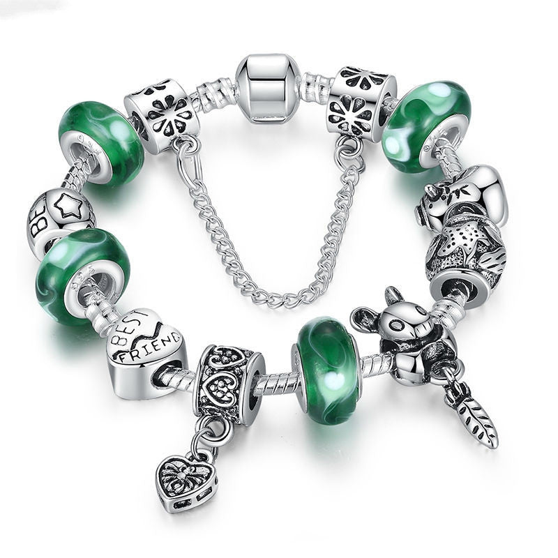 Fashion 925 Silver Green Bead Animal Best Friend Charm Bracelet with Safety Chain for Women Original Jewelry