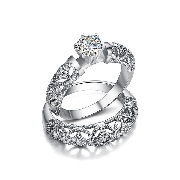 Fashion AAA Grade Round AAA+ CZ Diamond Fine Carving Craft Wedding Filigree Ring Set Christmas Gift