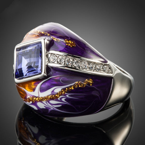 Royal Design Platinum Plated Stellux Austrian Crystal Multicolour Oil Painting Pattern Ring