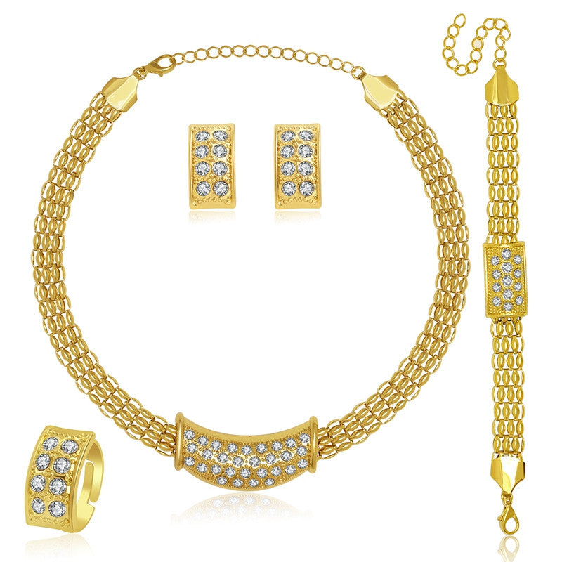 African Jewelry Sets Fine Wedding Gold Plated Crystal Necklace Set Party Women Fashion Bridal Ring Bracelet Earrings Accessories