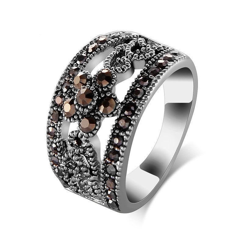 Best Selling Fashion Jewelry Silver Plated Black CZ Flower Vintage Retro Ring Women