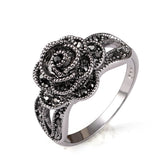 Brand 18K White Gold Plated Vintage Retro Style Crystal Rhinestone Black Flower Finger Ring For Women
