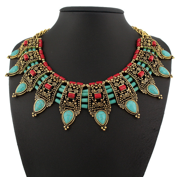 Ancient silver fashion vintage nature turquoise collar bohemian trendy simple punk style necklace for women fine jewelry