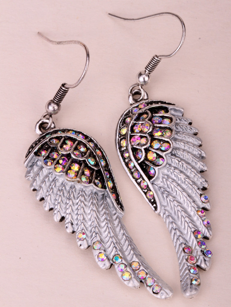 Fashion Angel wings dangle earrings antique gold silver plated W crystal women biker bling jewelry gifts